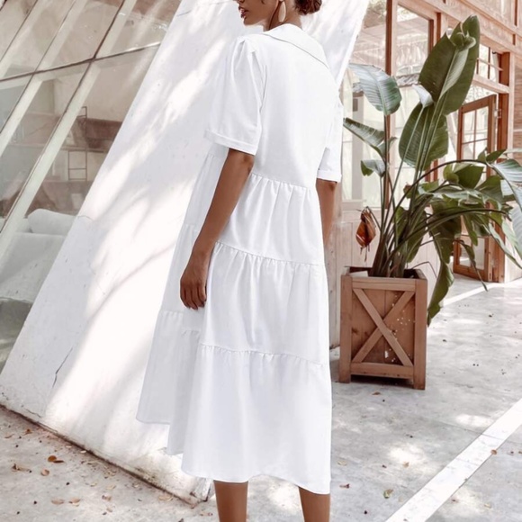 Boho White Button up Ruffle Short Sleeve Dress - Picture 5 of 7